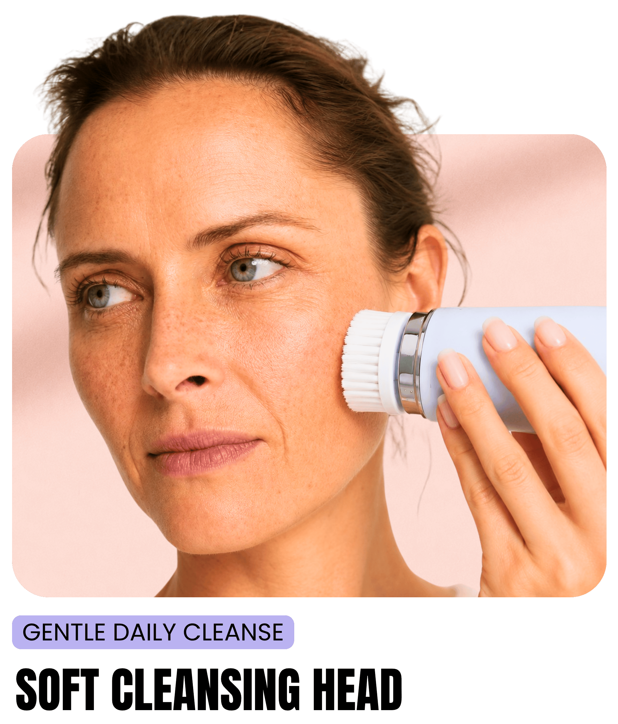 Mature woman using the NIOLOV Glowand soft cleansing brush head for a gentle daily facial cleanse